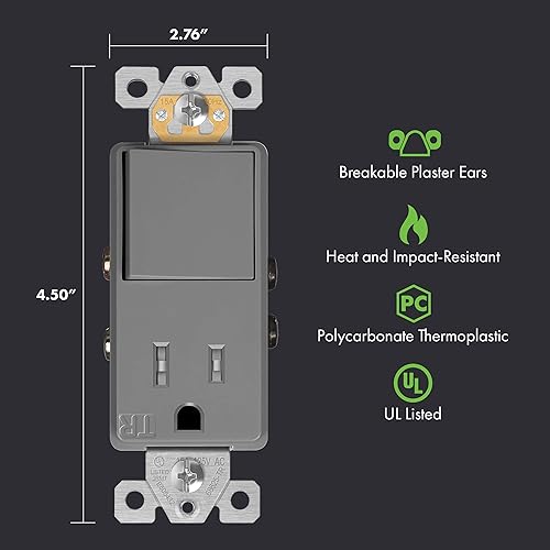 Miniatura 10 de ENERLITES Combo de interruptor y toma, interruptor de paleta decorador combinado de 15A120VCA con salida de receptáculo resistente a manipulaciones