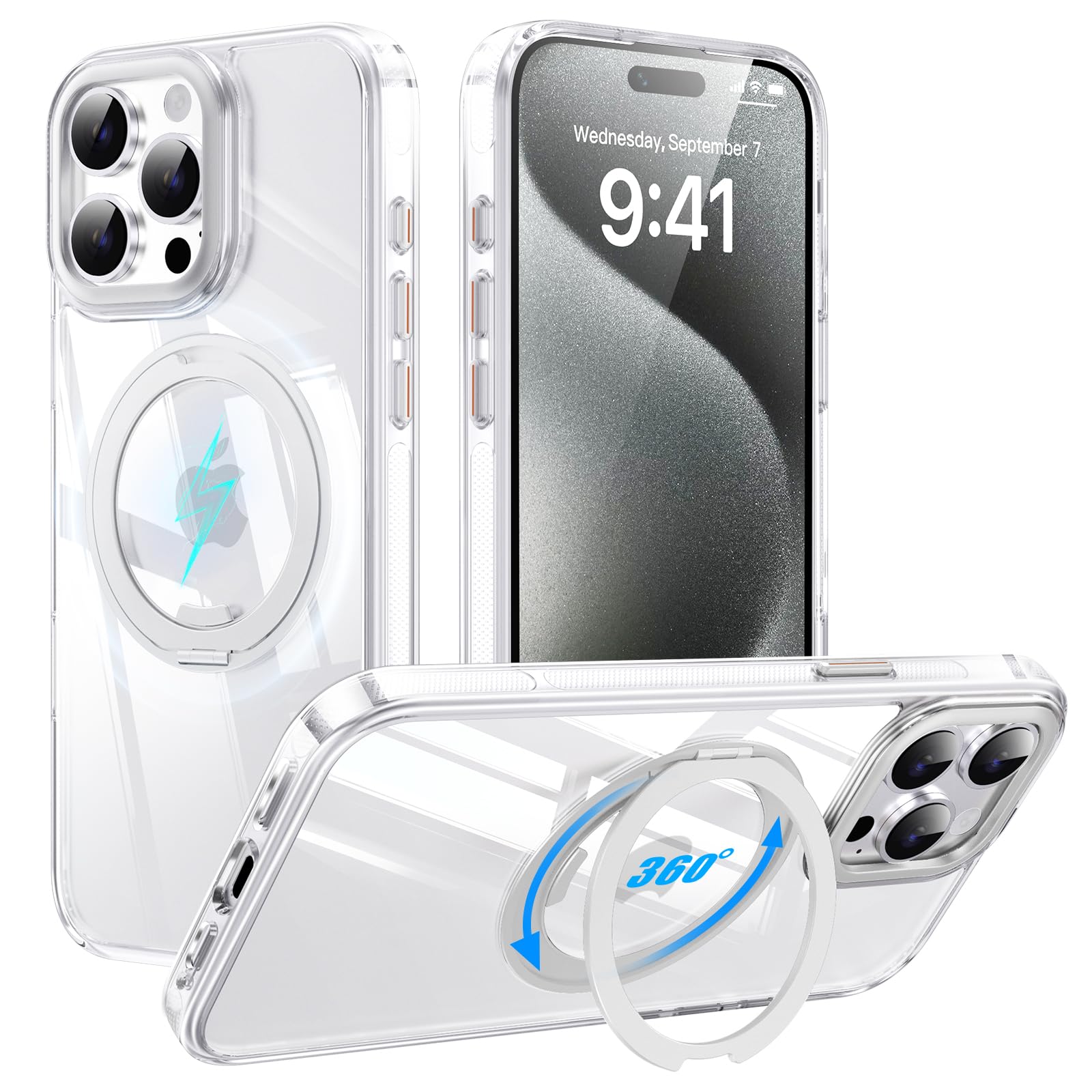 Tekka iPhone 15 Pro Max 用 ケース【360°回転スタンド・MagSafe対応】耐衝撃 薄型 リング一体型 スタンド付き スマホケース 米軍MIL規格 指紋防止 黄変防止 カメラ保護 動画視聴 撮影にも便利 (クリア, iPhone 15 Pro Max)