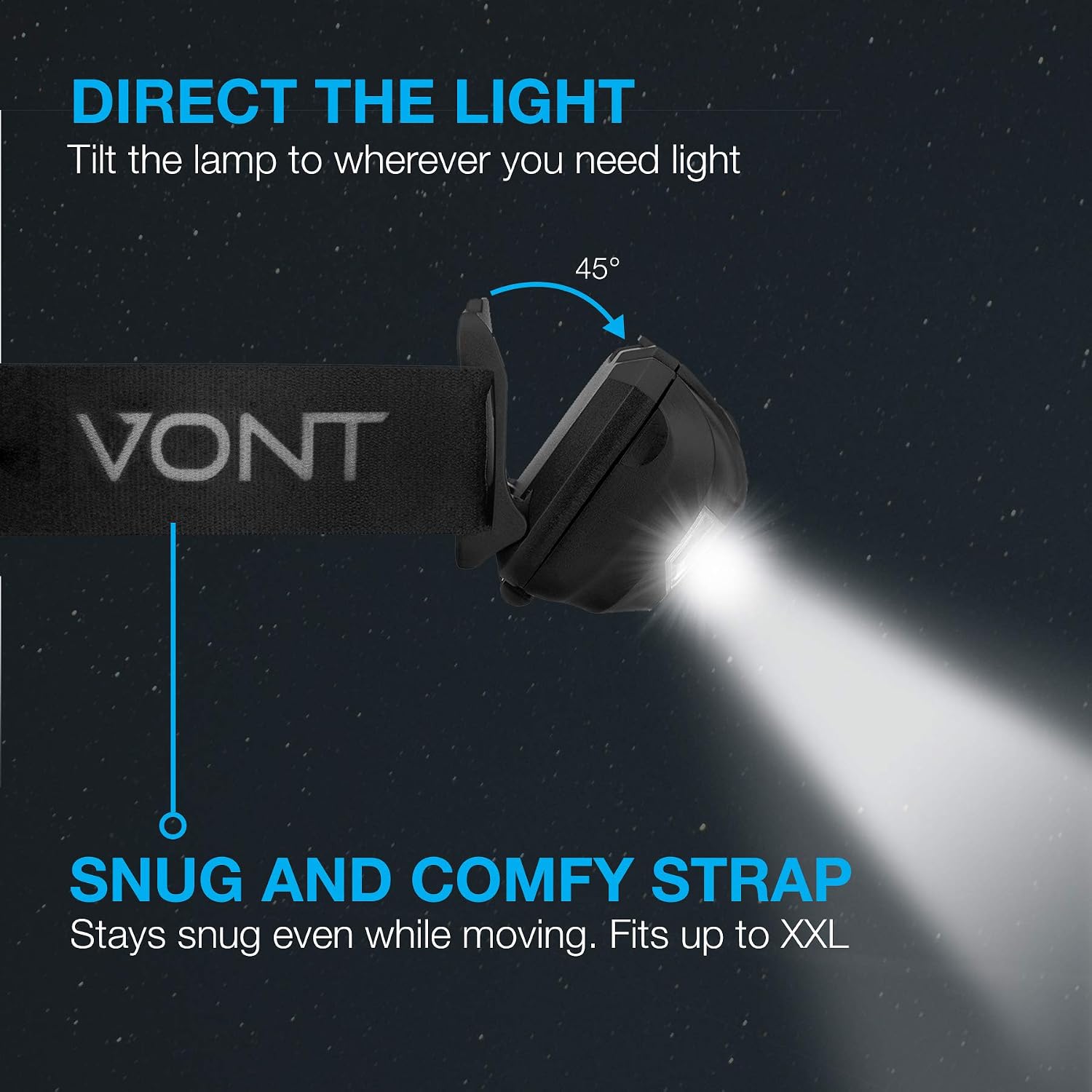 Vont LED Headlamp, Super Bright LEDs, Compact Build, 5 Modes, Headlight with White-Red LEDs, Comfy Adjustable Strap, IPX4 Waterproof, Use Head Lamp for: Running, Camping, Hiking
