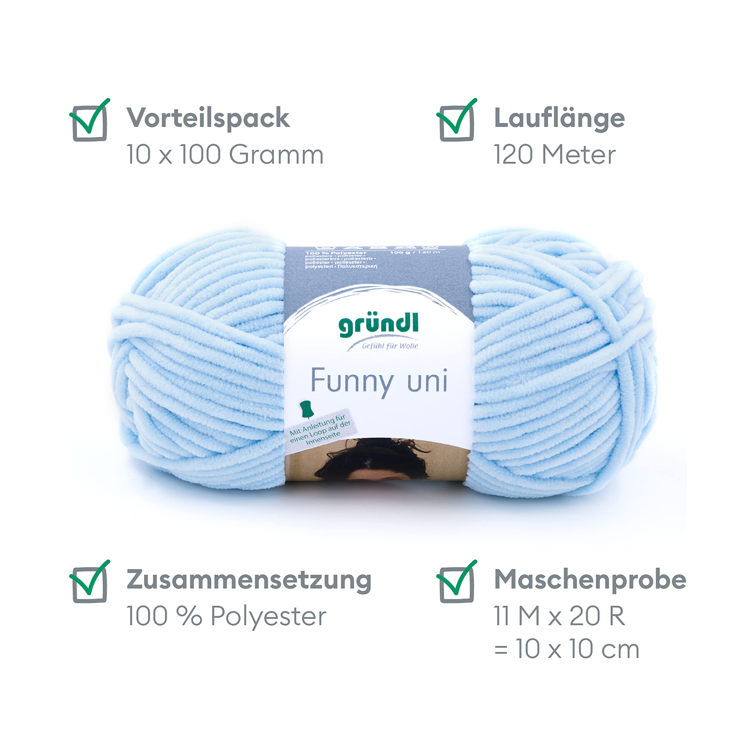 Gründl Laine Funny uni - laine chenille douce pour le crochet – moelleuse et respectueuse de la peau - 100% polyester – 10 pelotes 100 g / 120 m – taille d’aiguille 5-6 -bleu pastel