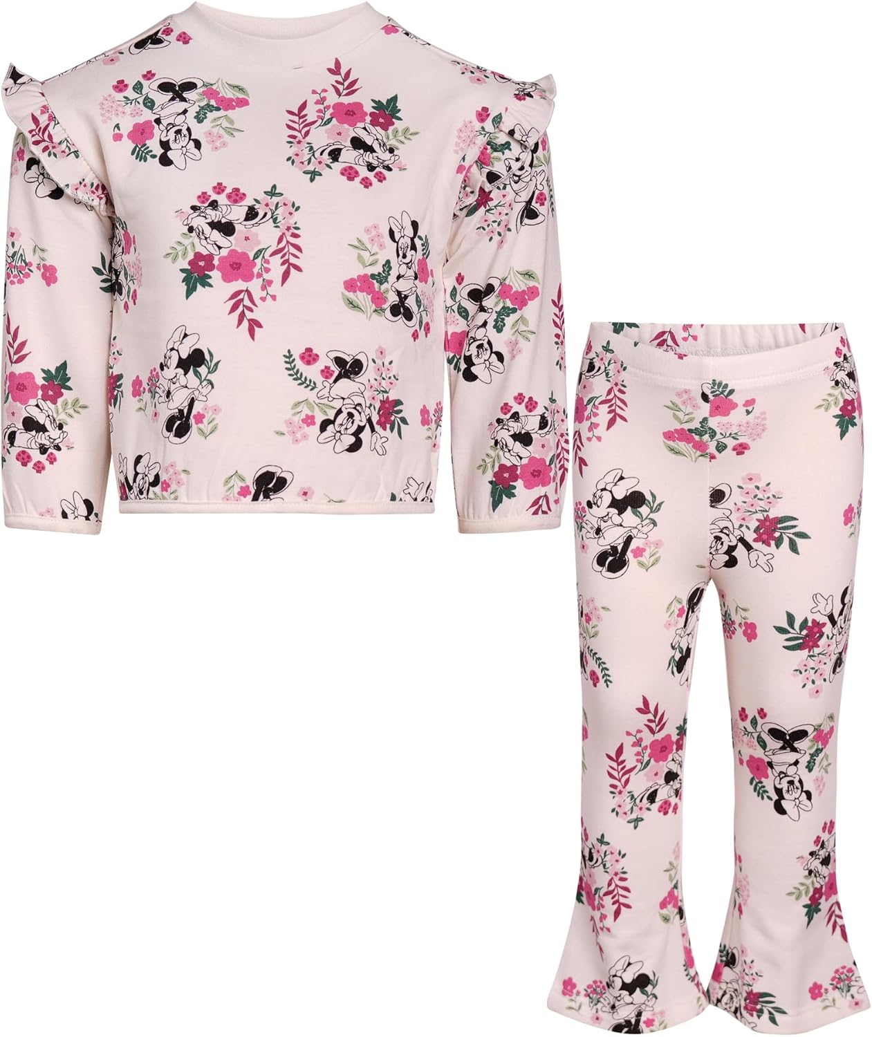 Magic Threadz Disney Clothes Baby Girls Fleece Pant Set – 2-Piece Minnie Mouse Ruffle Shoulder Top and Pants Outfit (12M–24M)