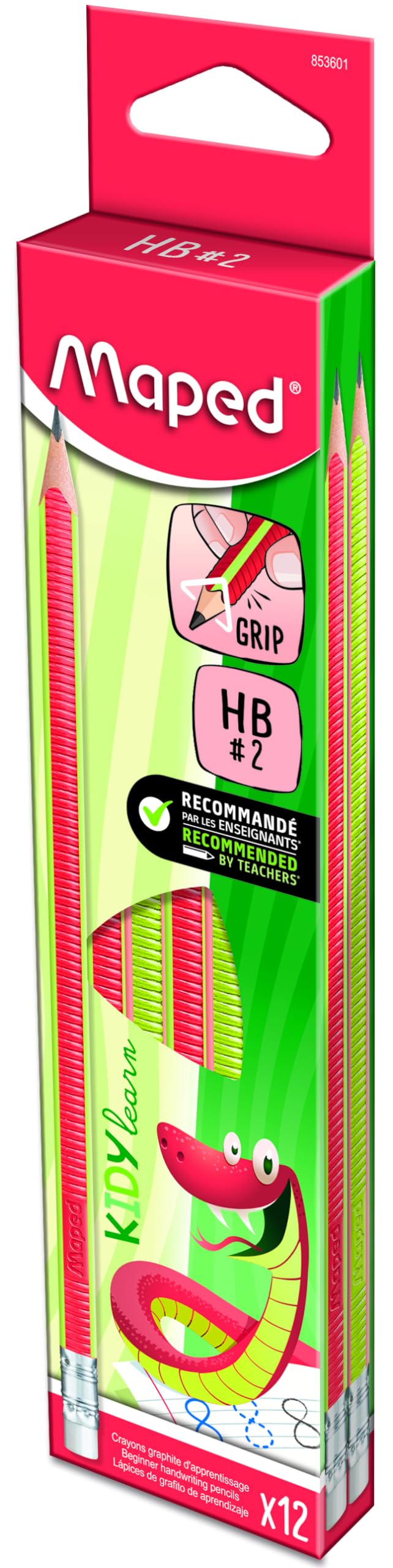 Maped - Box of 12 graphite pencils - HB triangular - Kidy Learn - eraser tip - non-slip texture