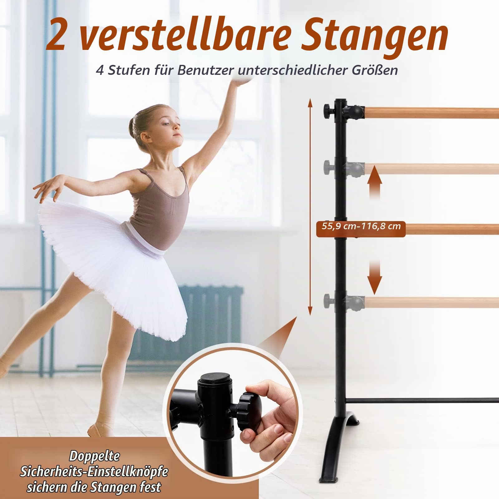 GOPLUS 122 cm Tragbare Ballettstange, Freistehende Tanzstange mit 4 verstellbaren Höhenpositionen & Stabiler Metallrahmen, doppelte Ballettstange für Zuhause & Fitnessstudio