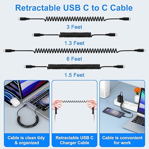 Miniatura 5 de Cable USB C para Android Auto de carga rápida, 3 pies + 6 pies, retráctil en espiral tipo C a C, cable de carga de teléfono para Samsung Galaxy A17