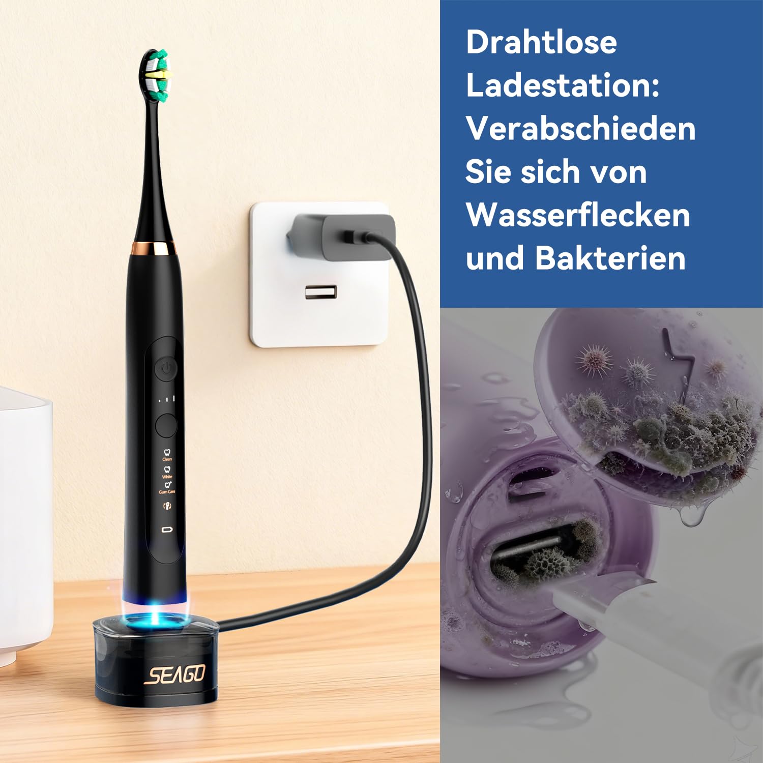 Seago Cepillo de dientes eléctrico con base de carga inalámbrica, cepillos de dientes ultrasónicos y estuche de viaje, temporizador de 2 minutos, 3 modos, 3 intensidades, 8 cabezales de cepillo, SG