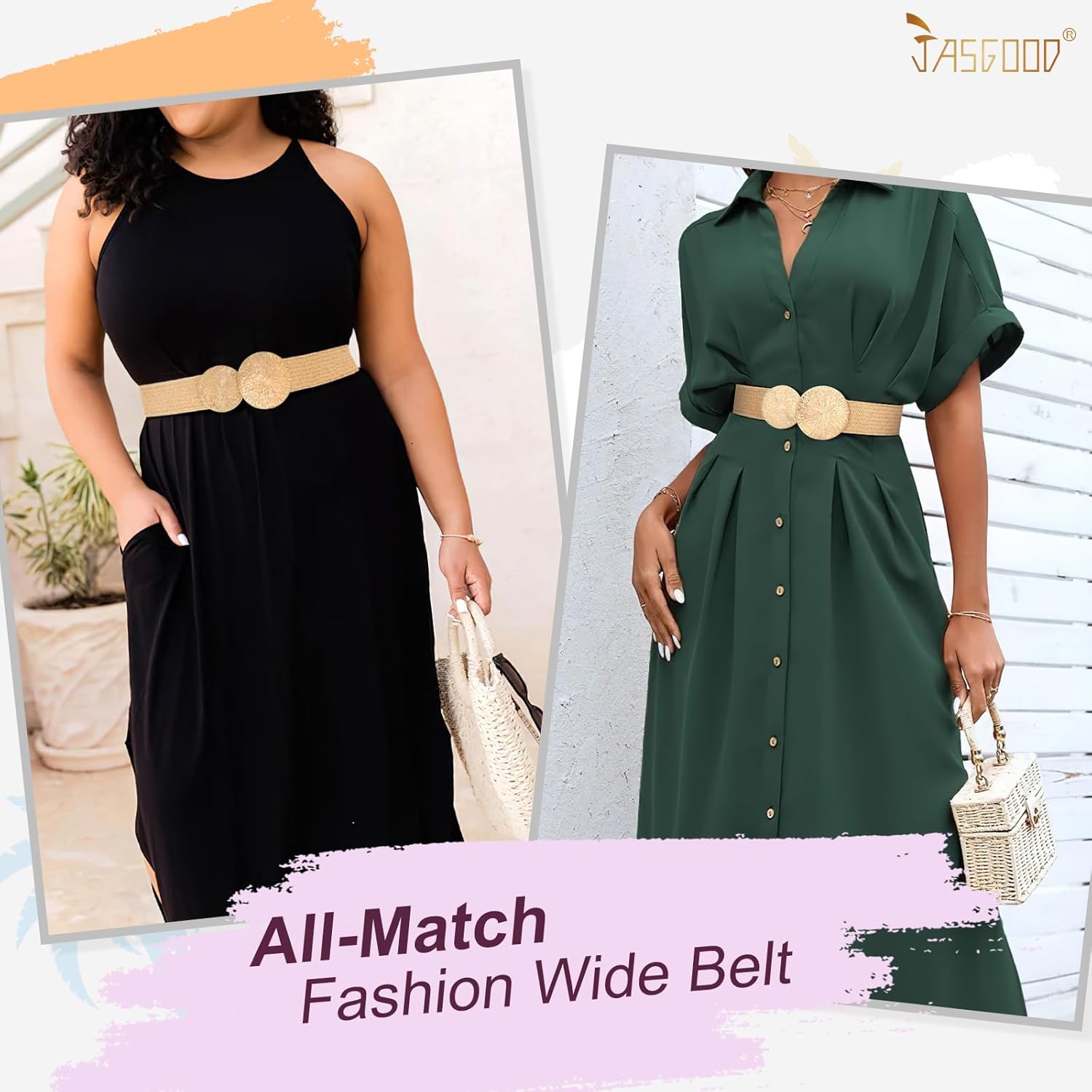 JASGOOD Straw Woven Elastic Belt for Women Vintage Wide Stretch Waistband for Dress - Image 5