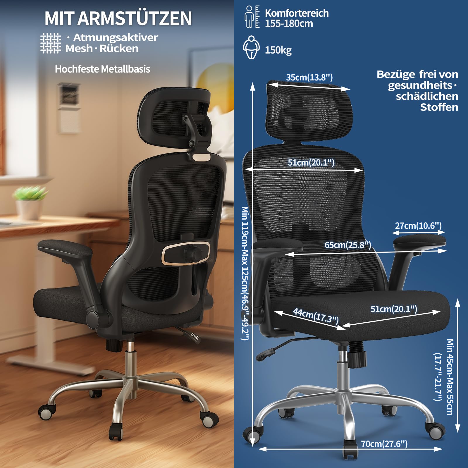 TRALT Bürostuhl Ergonomisch - Bürostuhl - Gaming Stuhl mit Verstellbare Kopfstütze Lordosenstütze Home Office Desk Chair - Schreibtischstuhl Computerstuhl für Große Menschen Mesh-Stuhl 150kg Schwarz