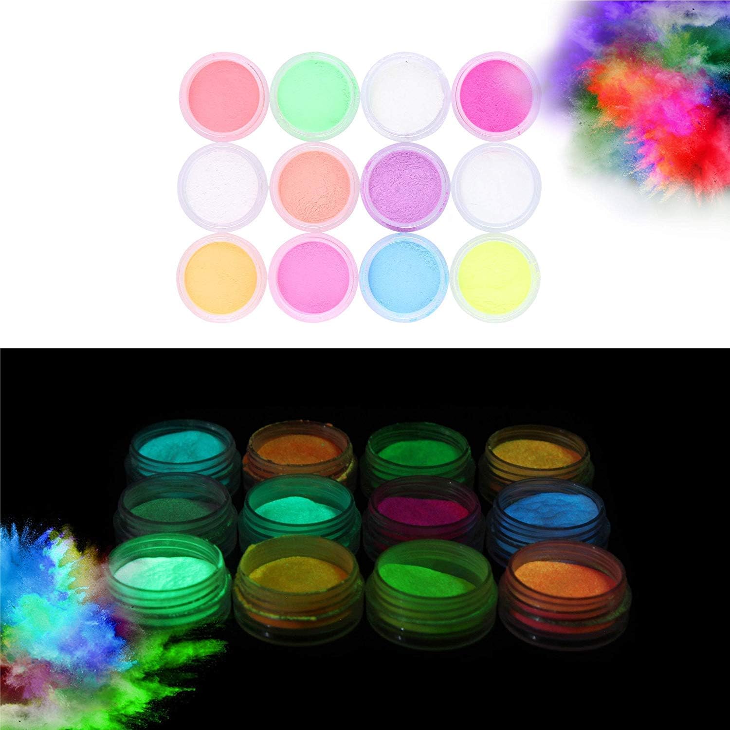 Glow in the Dark Powder –(Pack of 24) Luminous Pigment Powder Fluorescent UV Neon Color Changing luminescent Phosphorescent Thermochromic Dye Dust Glo for Slime Nails Resin Acrylic Paint Ink Non-Toxic