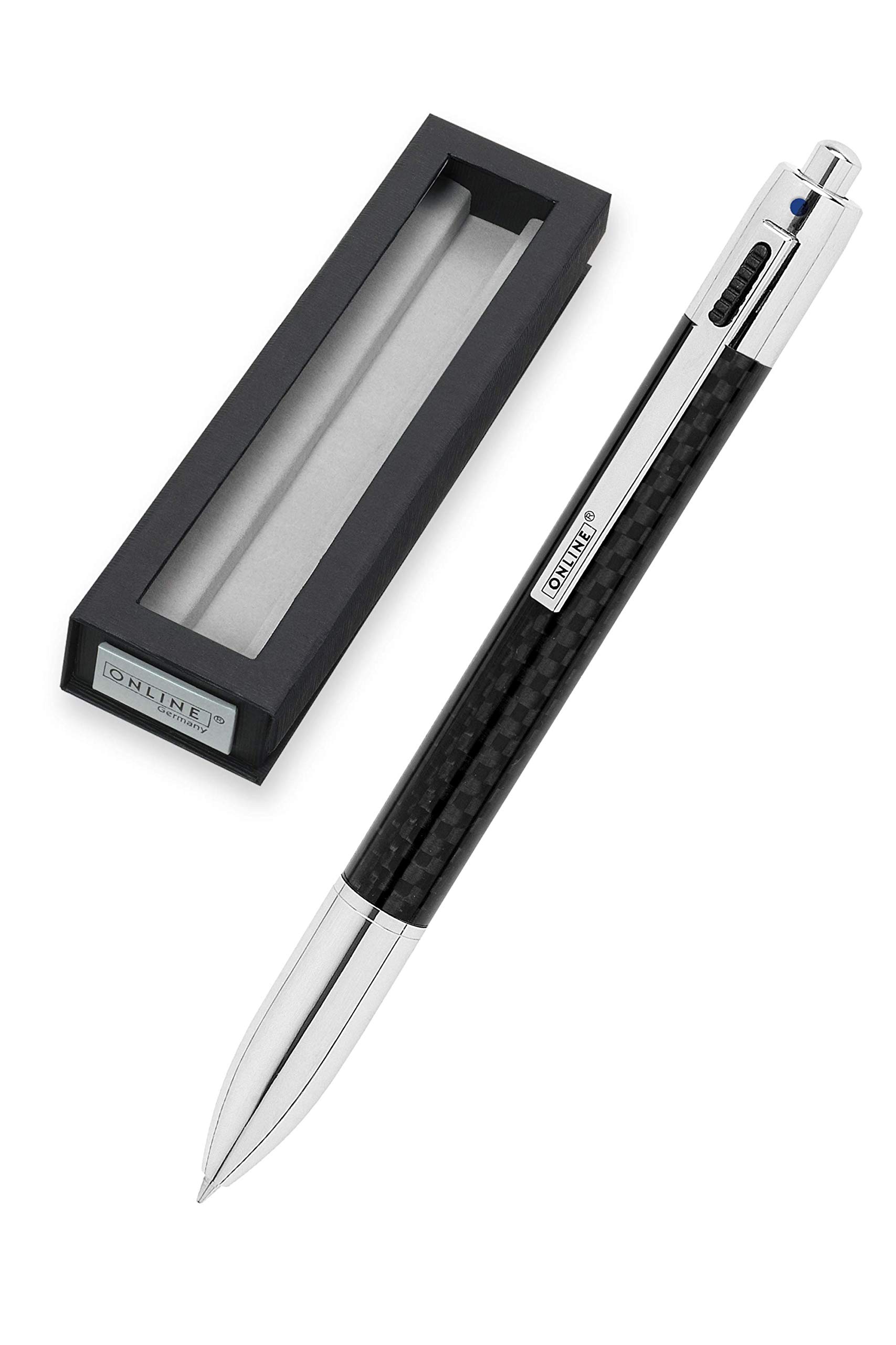 ONLINE 4-color ballpoint pen Carbon │ multifunctional biro │ four standard medium refills - blue, red, green, black │ refillable twist pen │ ball pen in elegant black carbon design with gift box