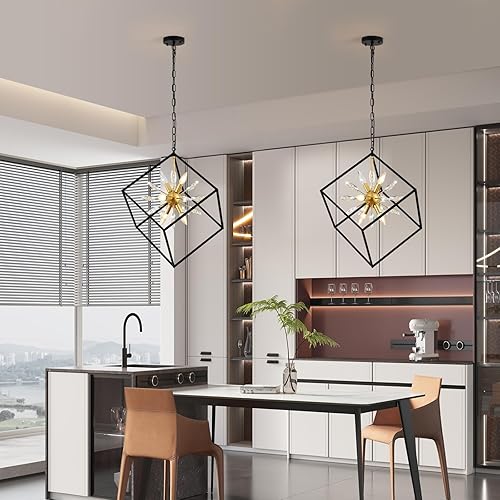 Miniatura 2 de OLMCWOOL Candelabro de granja de 6 luces moderno industrial colgante ajustable para comedor, cocina, isla entrada interior (negrodoradocristal, 6