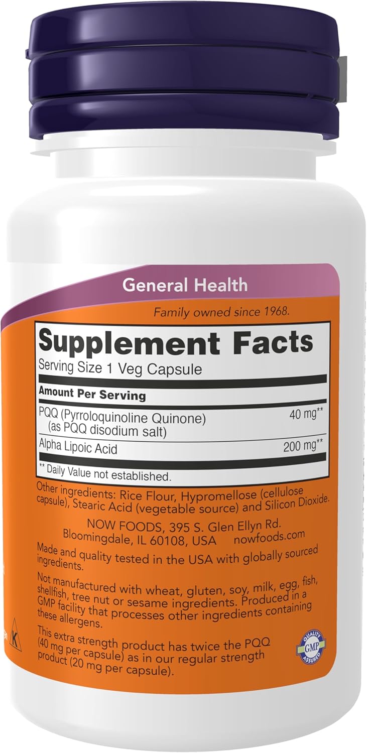 NOW Foods Supplements, PQQ 40 mg with 200 mg Alpha Lipoic Acid, Extra Strength, 50 Veg Capsules - Image 2