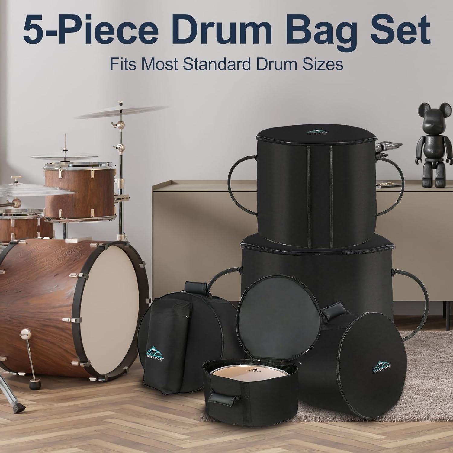 EASTROCK 5-Piece Drum Bag Set for 14" Snare, 10" Tom, 12" Tom, 14" Floor Tom, 22" Bass Drum, Drum Cases with Carry Handles, Lightweight Drum Set Bags for Travel & Storage(5 Pieces)