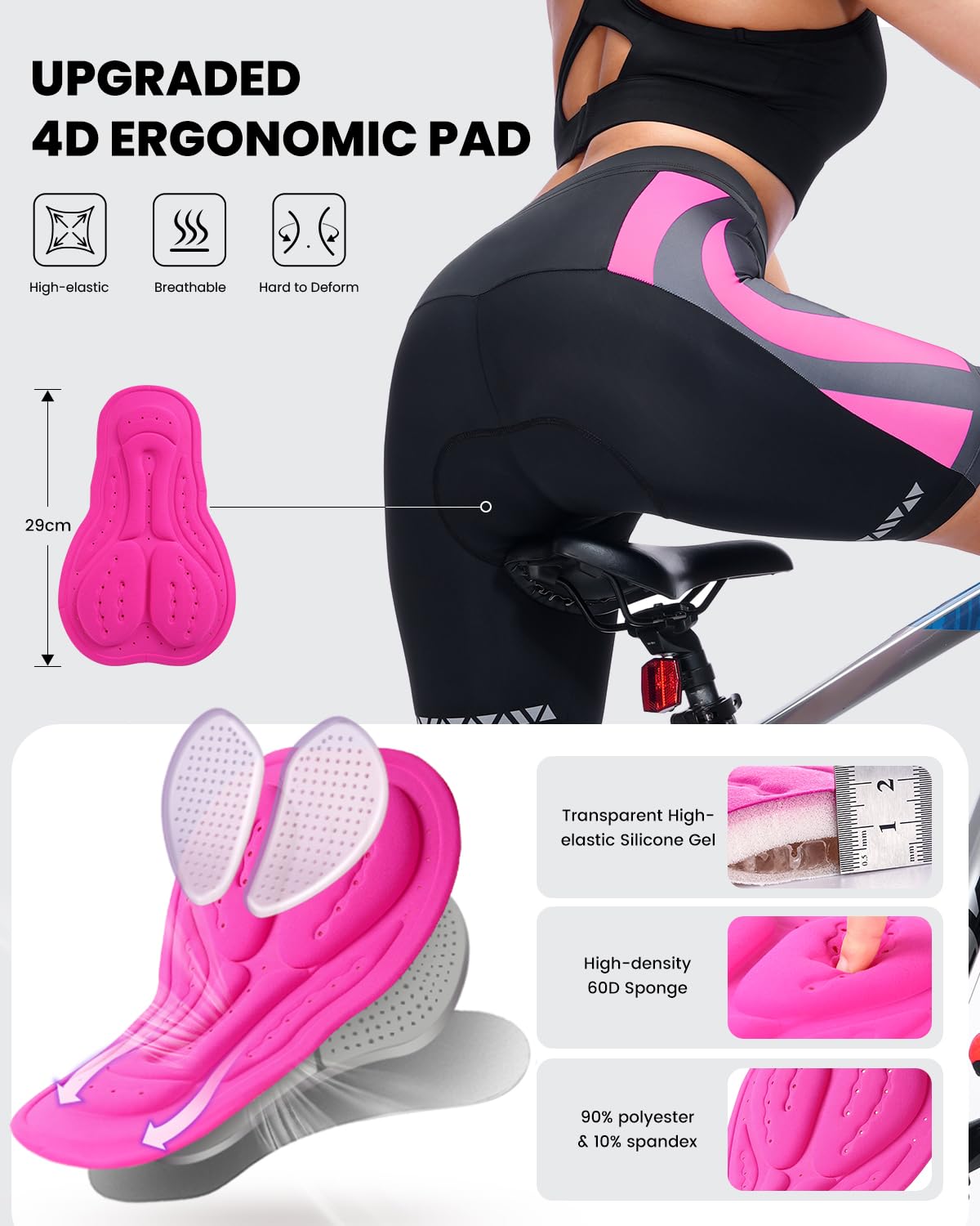 Sportneer Short de Cyclisme pour Femme - Rembourré - Séchage Rapide - Short élastique - avec Rembourrage d'assise 4D - Short de Sport Court pour Femme - avec Rembourrage Plus Large et Plus Dense