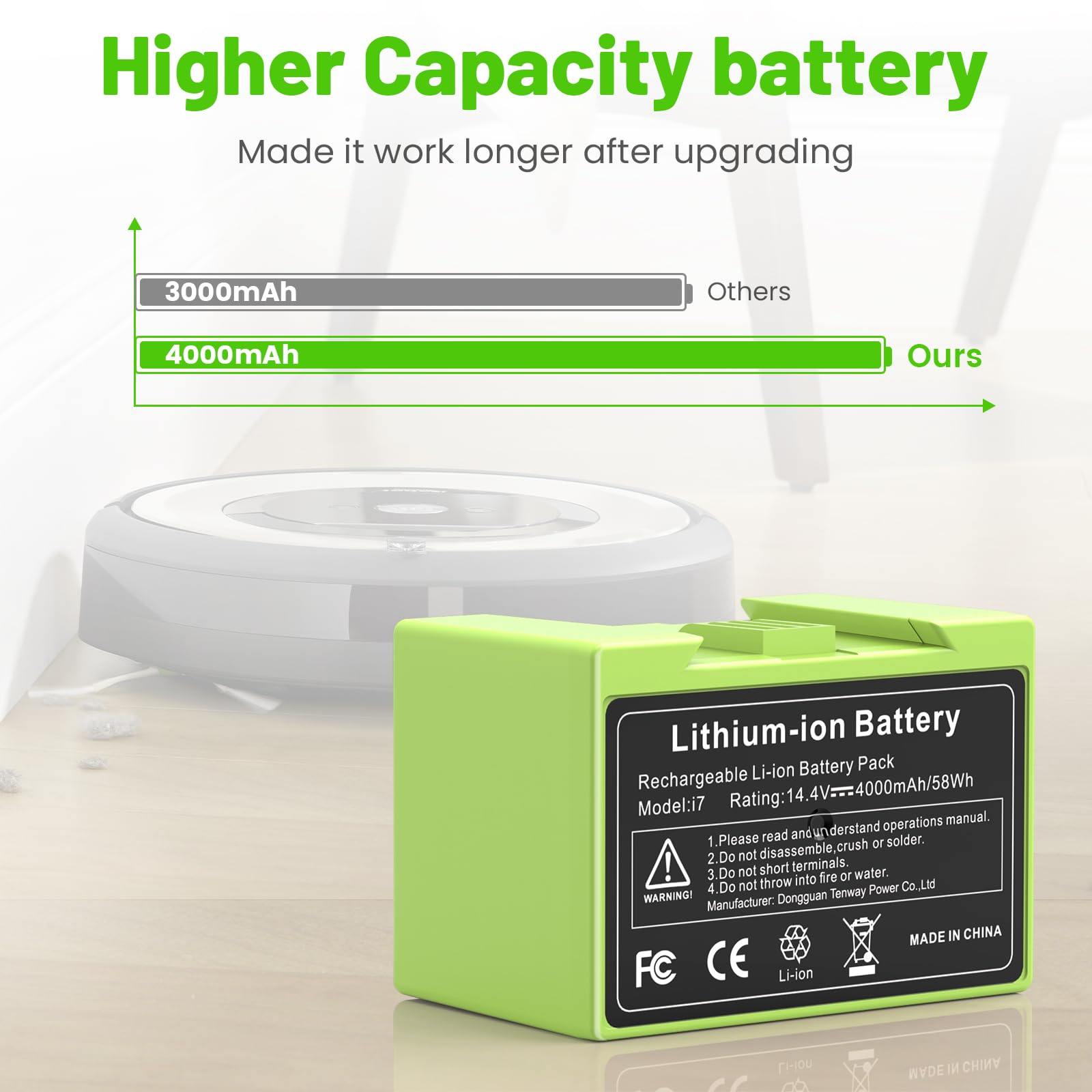 Batterie Li-ion de rechange 4000 mAh pour i7, ASUNCELL 14,4 V pour iRobot Roomba e et i série i7 / i7+ i4/i4+ i3/i3+ e5 e6 i7158 i7550 i7550 i755020 7150 7550