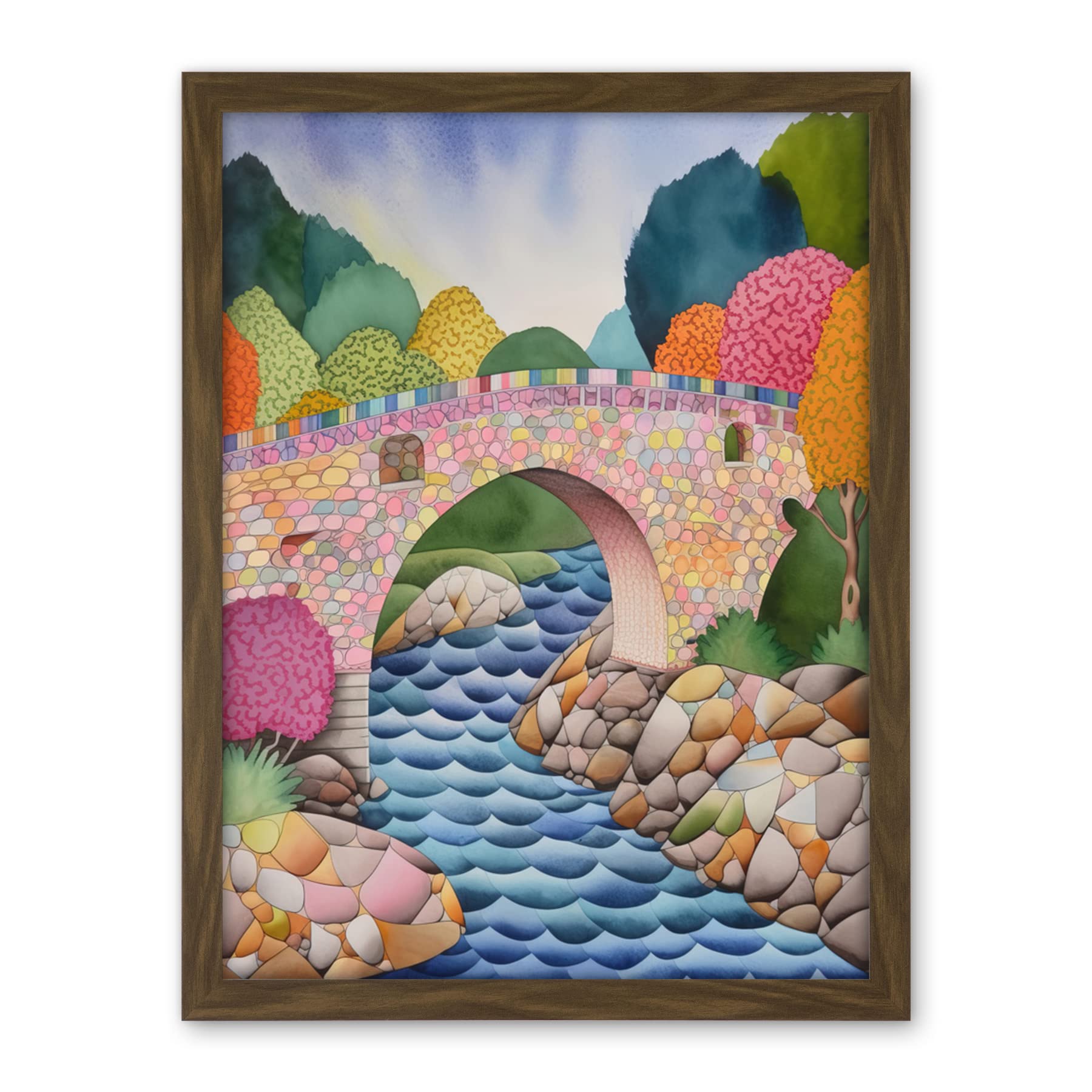 Artery8 Modern Folk Art Countryside Bridge Artwork Framed Wall Art Print 18X24 Inch
