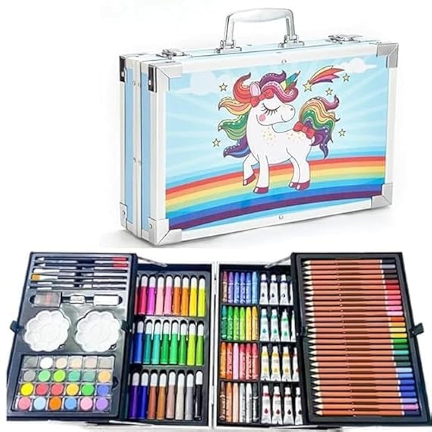 Art Set Gift 145pcs with Portable Aluminum Case Box Professional Artists Drawing Painting Kit for Kids Including Colored Pencils Watercolor Paints Oil Pastels