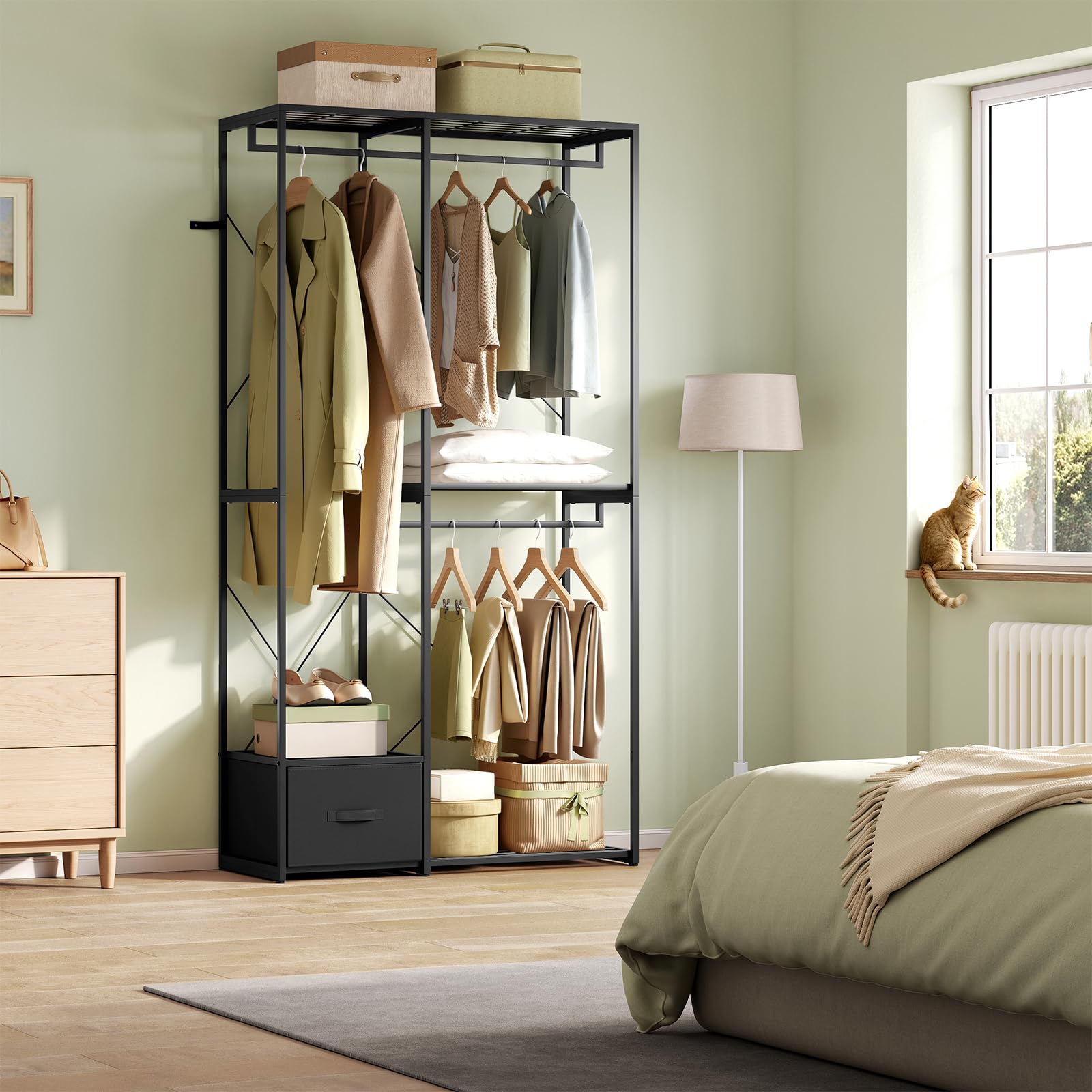 WOLTU Burro Ropa con Estructura de Metal, Armario Abierto con 2 Barras, 3 Estantes y 1 Cajón de Tela, Resistente, Carga de 150 kg, 100x40x192 cm, para Dormitorio y Vestidor, Negro