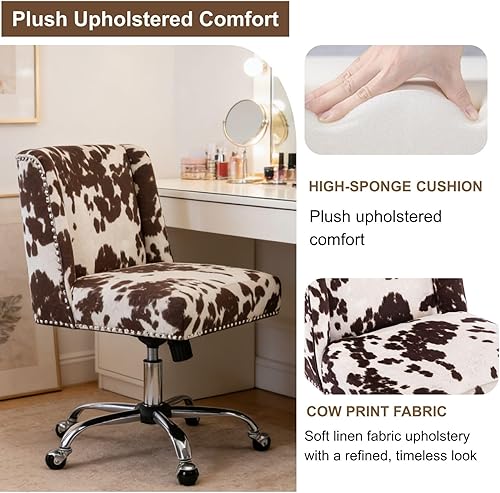 Miniatura 4 de Silla de oficina en casa con estampado de vaca, silla giratoria de tela ajustable, silla de escritorio tapizada sin brazos para sala de estar,