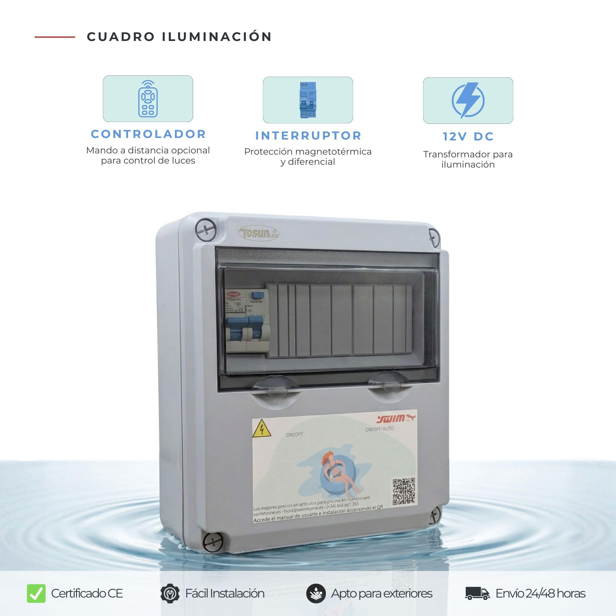 SWIMHOME Cuadro Eléctrico Piscina, Transformador 150W 12V DC IP65 con Control Remoto para Focos LED, Gris