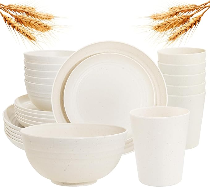 24 Pcs Wheat Straw Dinnerware Sets, Unbreakable Reusable Plastic Wheat Straw Bowls & Plates Dinner Set, Microwave And Dishwasher Safe Plates, 12Plates, 6Bowls, 6Cups for Party(Beige)