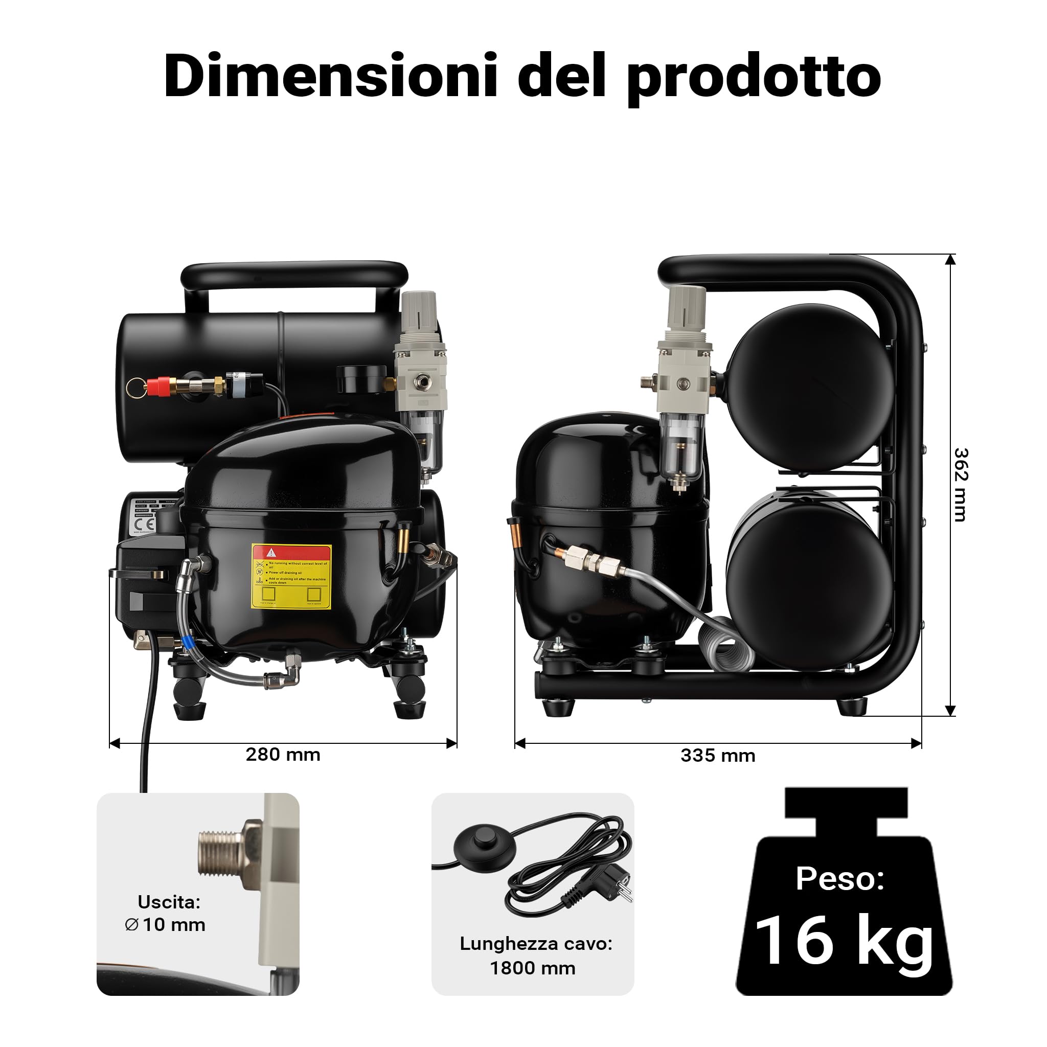 Wiltec Compressore aerografo HO-826, aria compressa 45-52 l/min, compressore per pistola aerografo, serbatoio olio da 2000 ml, 3-8 bar per aerografia