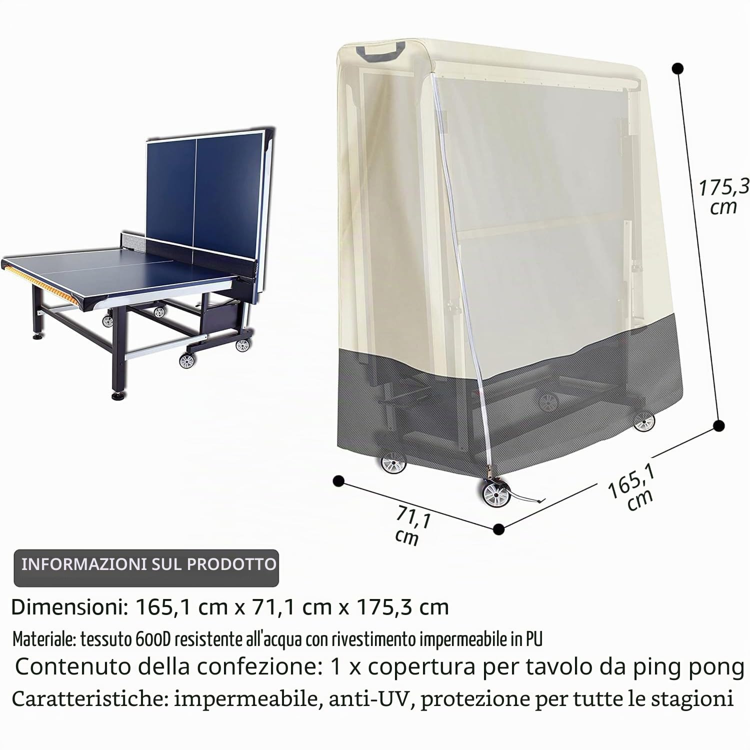Tavolo Ping Pong Copertura, Copri Tavolo Ping Pong Tavolo da Ping Pong Copertura Impermeabile Interno Copertura per Tavolo da Ping Pong （165 x 71 x 175 cm ）