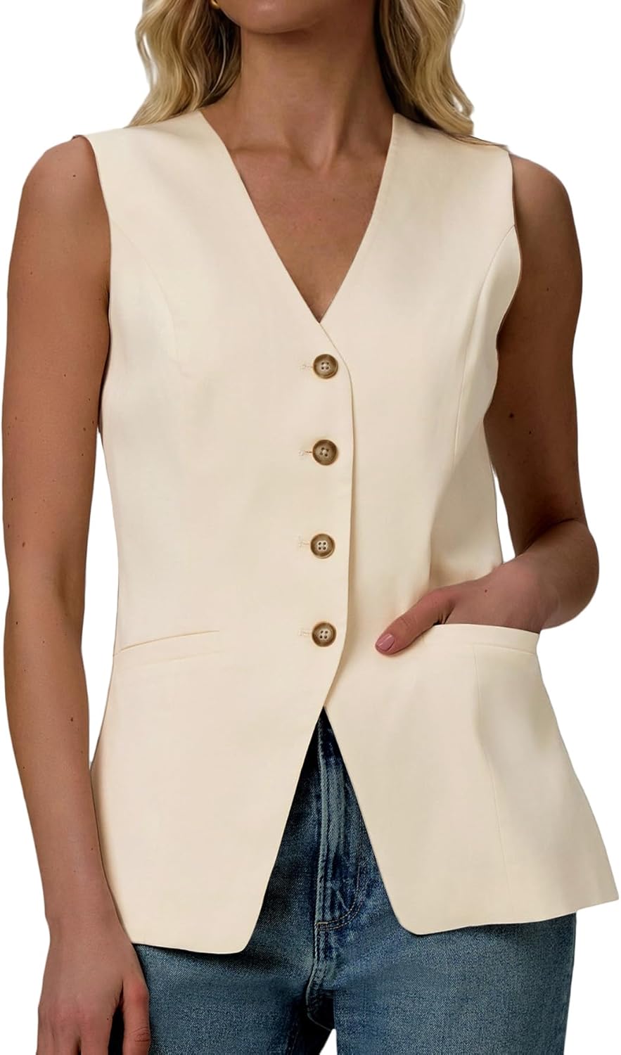 Mina Self 2026 Summer Women's Linen Sleeveless Vest Tops Blazer - Lightweight Fully V-Neck Casual Trendy Work Jacket Pockets - Image 2