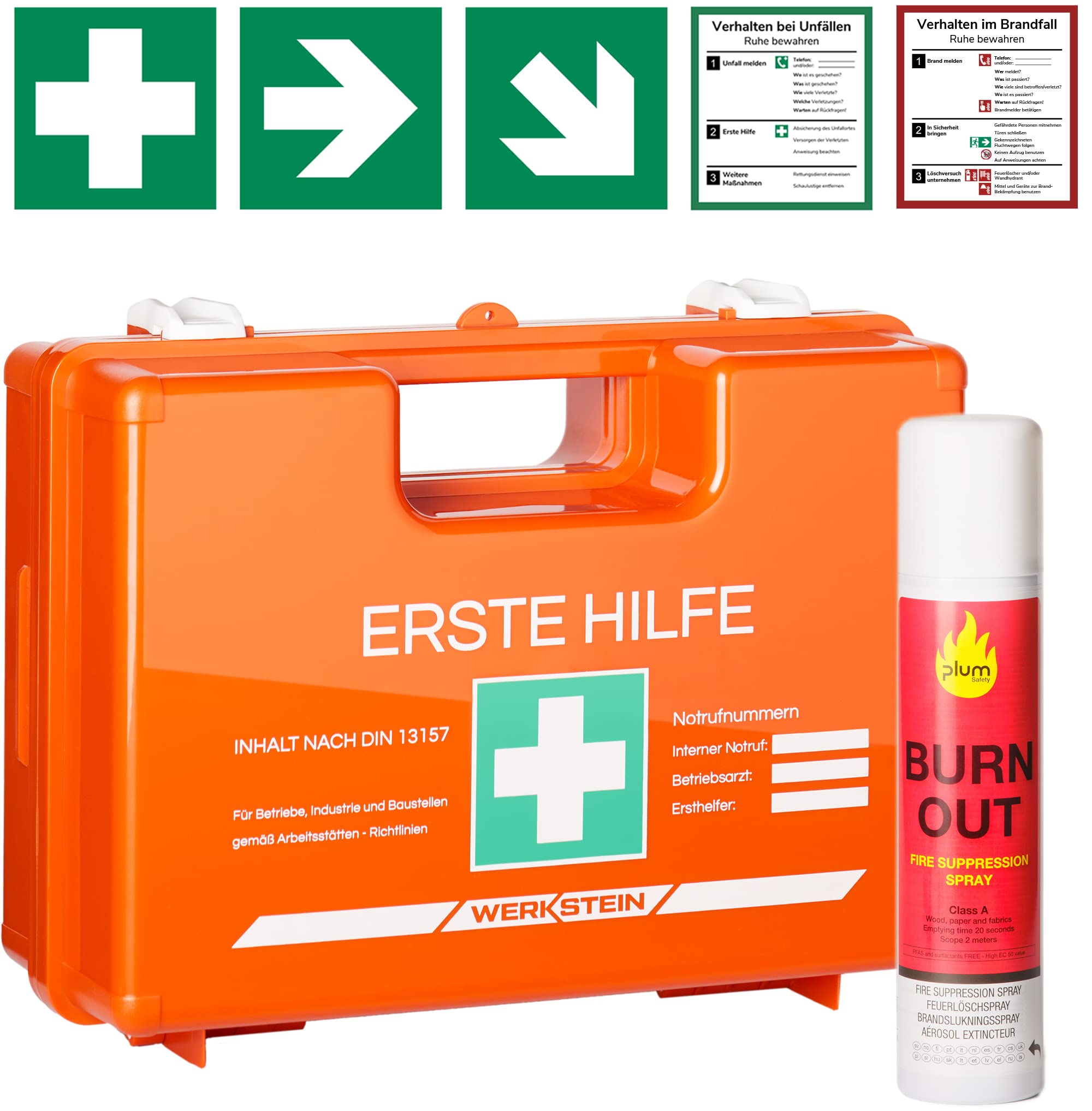 Erste Hilfe Kasten DIN 13157:2021 | Inkl. 250ml Feuerlöscherspray, praktischer Wandhalterung, 5x Aufkleber & Plombe