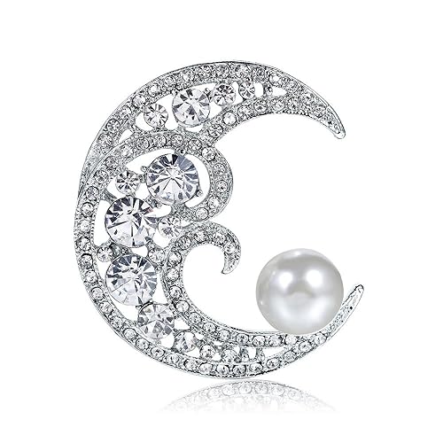 Crystal Cresent Moon Big Freshwater Pearl Brooch Pin,Mother's Day Christams