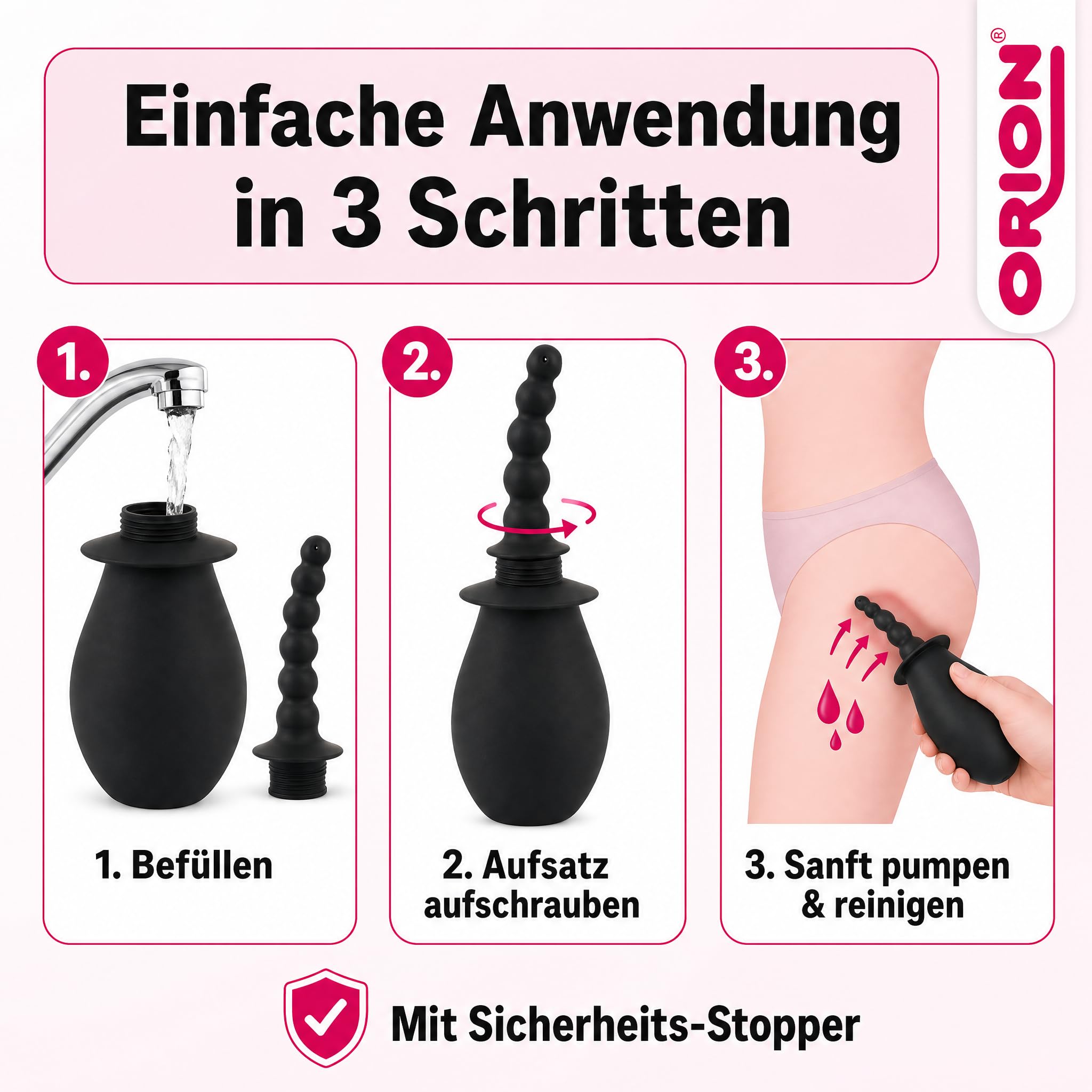 ORION Ducha anal - Ducha anal y vaginal negra con función de estimulación para mujeres y hombres, enema para enema e higiene íntima, color negro