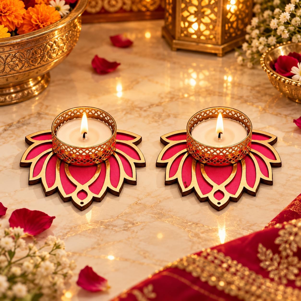 CraftVatika Lotus Tealight Candle Holder Set of 2 for Diwali Decoration for Home Navratra Onam Decoration Diwali Diya Tealight Candle Holder (Including Tealight) (Golden, 8.8 CM Length) (Set of 2)