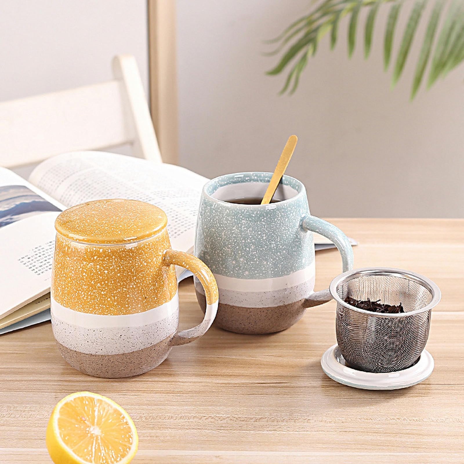 Amazon.com | 450ml/15oz European Style Large Belly With Lid, Tea And Water  Separation Ceramic Mug, Home Office Coffee And Milk Cup-Single Cup - Blue:  Espresso Cups