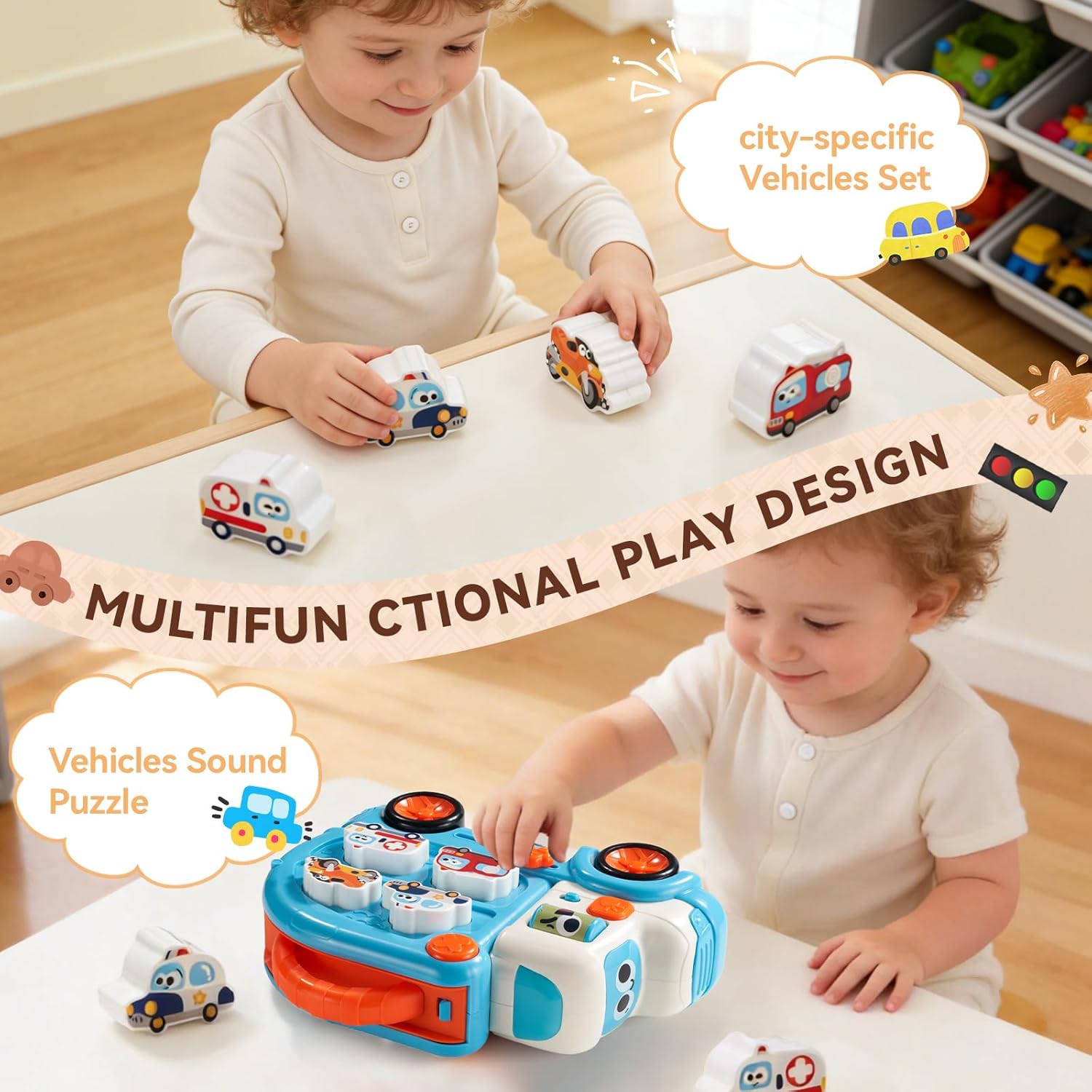 Interactive Matching Car Toy for Toddlers 1-3, 3-in-1 Shape Sorting Vehicle Truck with Realistic Sounds & Music, Early Learning Birthday Gift for 1 2 3 Year Old Boys Girls