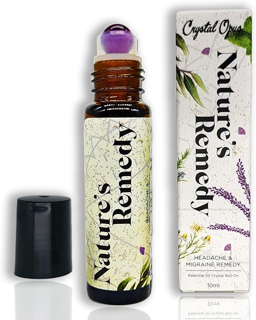 Headache Relief 10ml Roll-On Stick. Essential Oil & Amethyst Remedy to Ease Head Pain & Migraine. Camomile, Peppermint, Lavender, Rosemary & Eucalyptus. Aromatherapy & Crystal Rollerball.