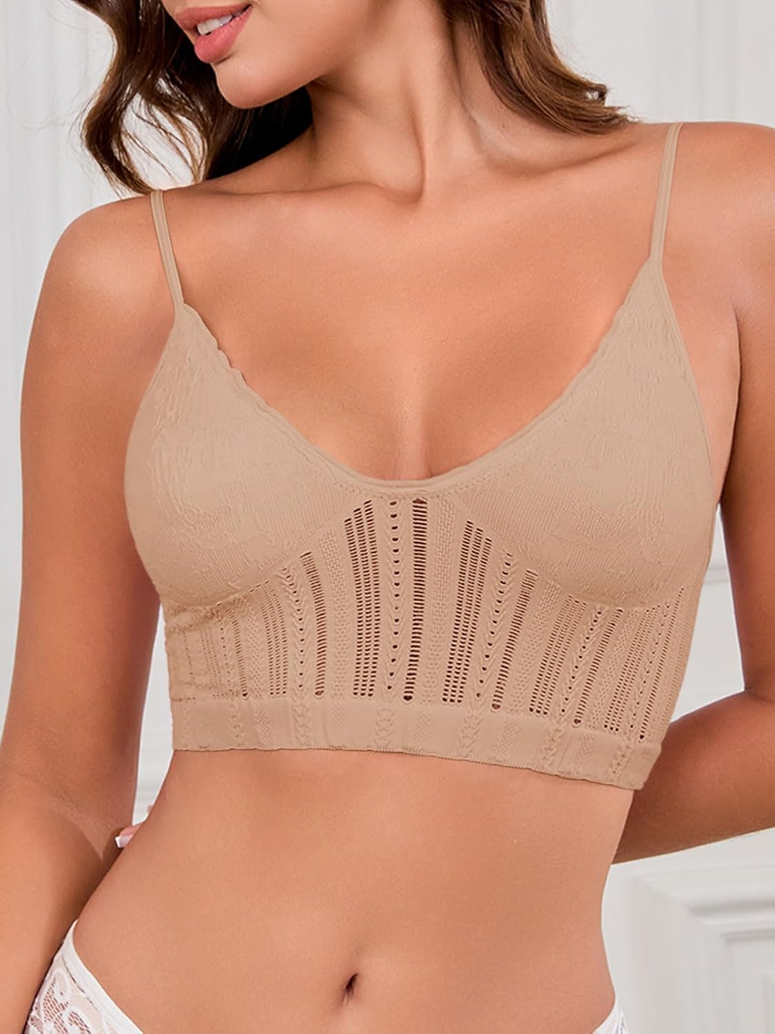 Aoysky Womens Wireless Spaghetti Strap Bras Seamless Deep V Neck Triangle Bralette Trendy No Underwire T Shirt Bra