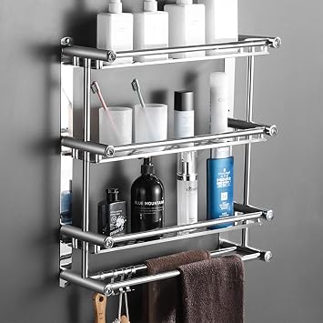 Bathroom Shelf with Towel Bar Towel Rack Towel Holder Wall Mount 40/50/60/70/80cm Towel Shelf 1/2/3 Tier Bathroom Shelves with 5 Hooks Adhesive Shower Organizer Polished Stainless Steel No Drill