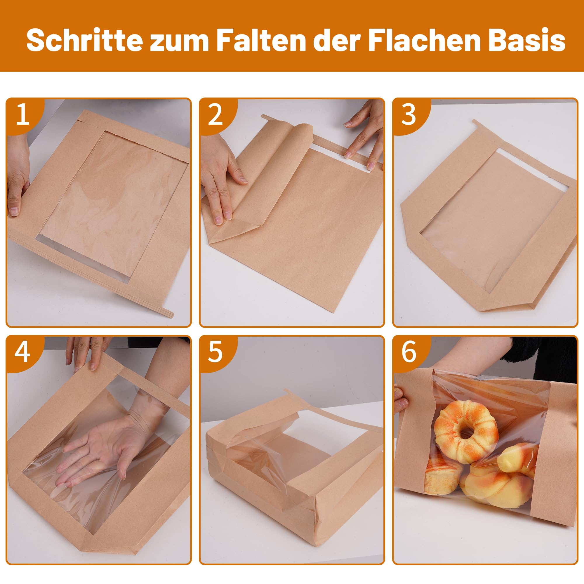 100 Stück Brottüten Papier 26x11x26cm mit Fenster | 80gsm PE-Beschichtung, Frisch Halten, Faltbar, Groß Kraftpapiertüten mit Fenster und Aufklebern, für Toast, Kekse, Cookies