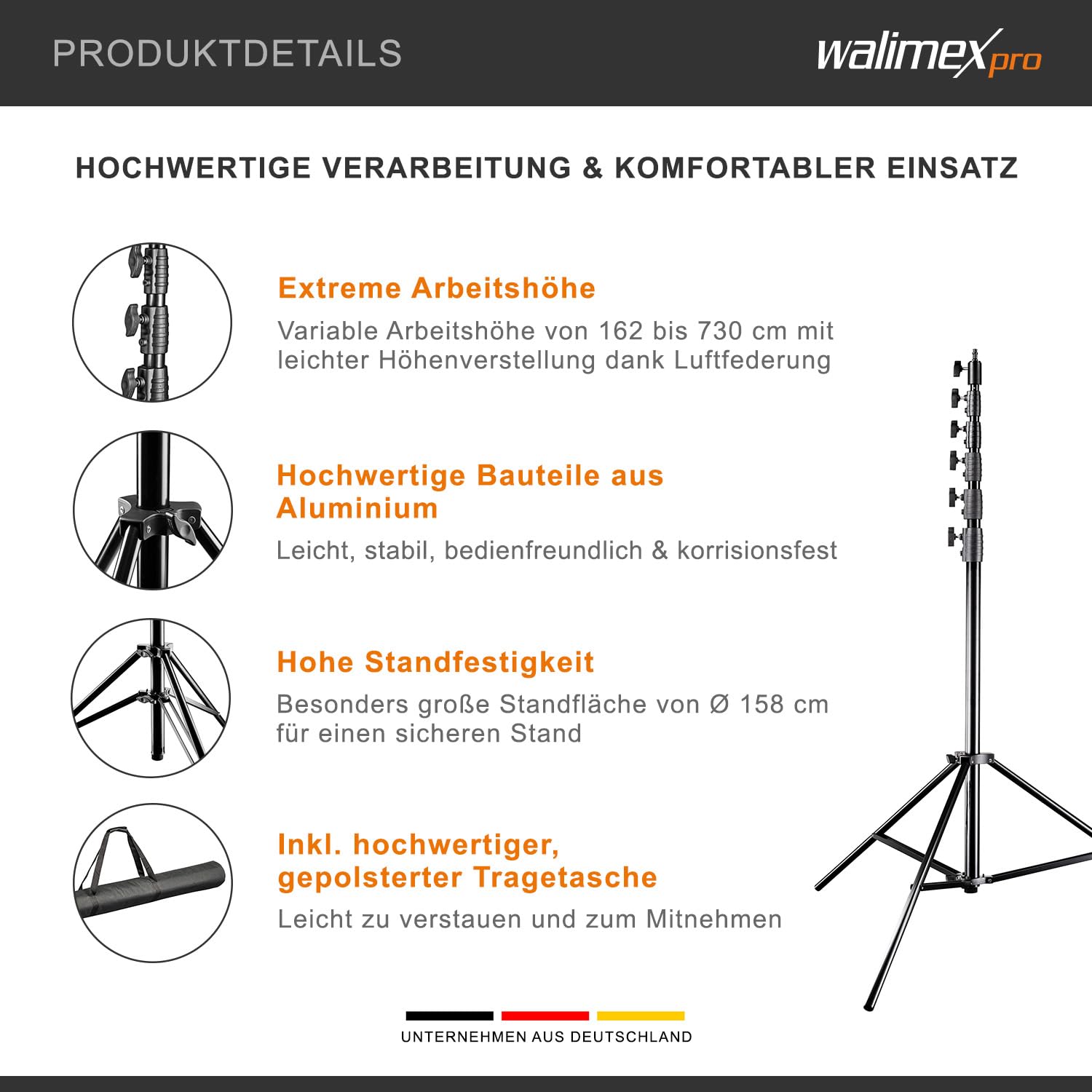 Walimex Pro FT-8051 Lampenstativ 4er Set - 260cm Aluminium Mit Federdämpfung