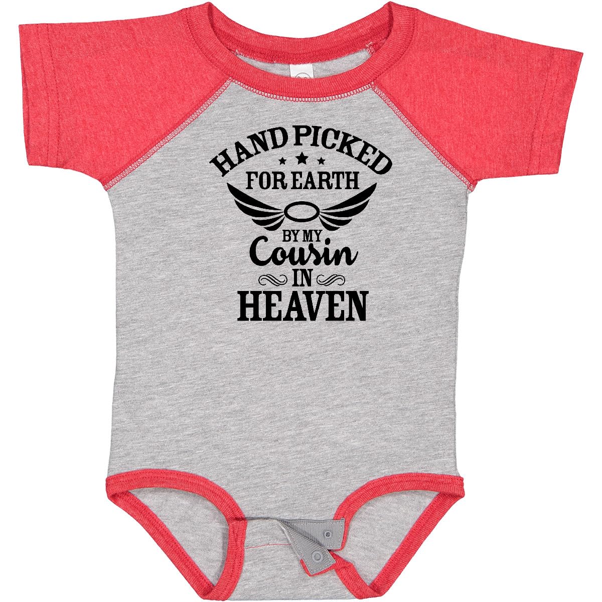 inktastic Handpicked for Earth By My Cousin in Heaven with Angel Wings Baby Bodysuit Newborn Baseball Heather and Red 37273