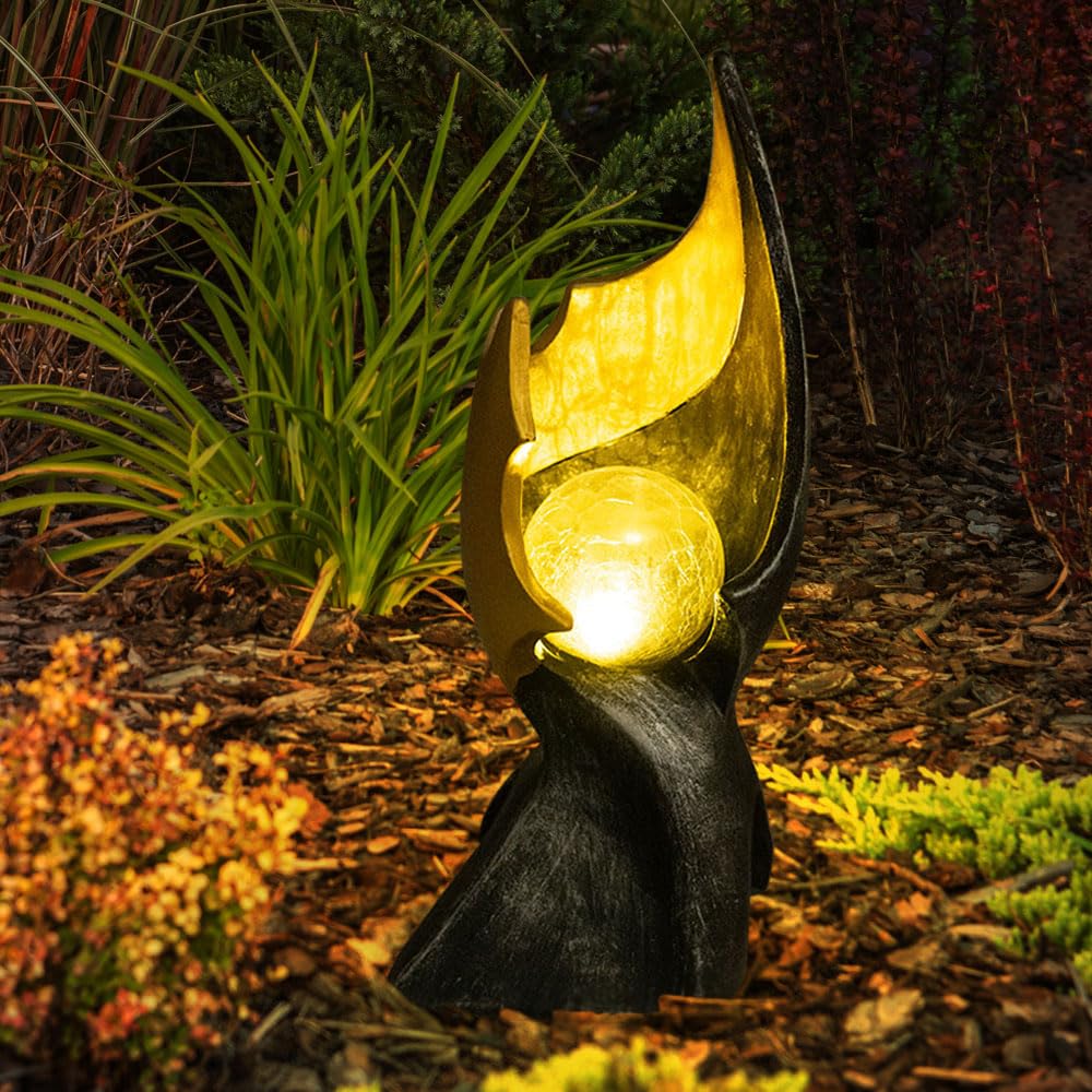 GLOBO LED Solar Flamme Solarlampen für Außen Garten Dekoration Solarleuchte mit Flammeneffekt, gold braune Skulptur mit bezauberndem Lichteffekt, 1x LED warmweiß, H 36 cm, 2er Set
