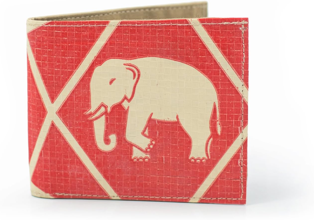GreenEarthCo Men’s Bi-Fold Wallet, Made from Recycled Cement Bags, Upcycled, Hand Made in Cambodia, Elephant Design - Red/White