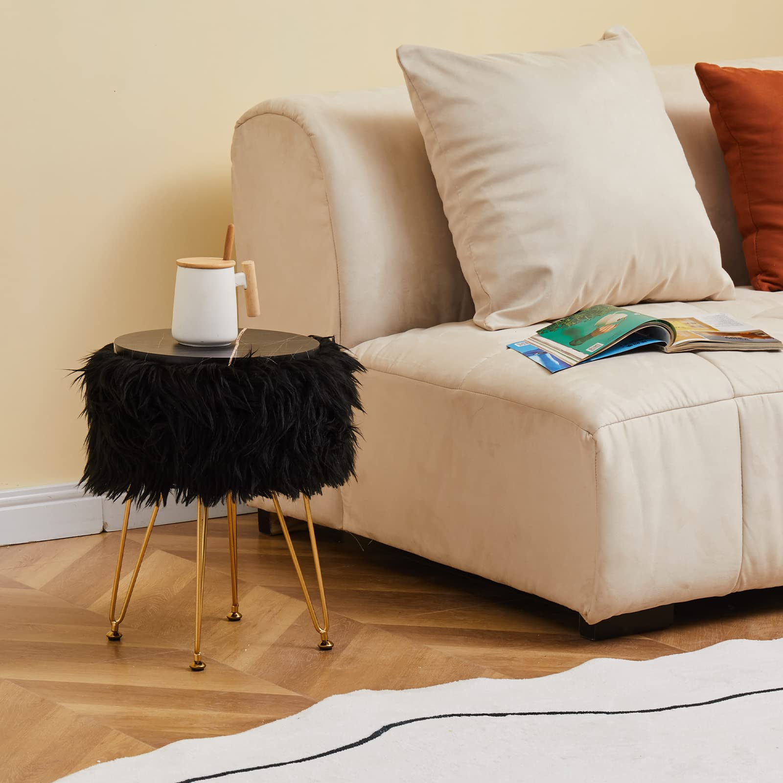 Mxfurhawa Faux Fur Storage Ottoman Round Furry Vanity Stool Marble Grain Tray Coffee Table Compact Footrest Stool with 4 Metal Legs Soft Makeup Seat Foot Stools for Living Room Bedroom Entryway Black