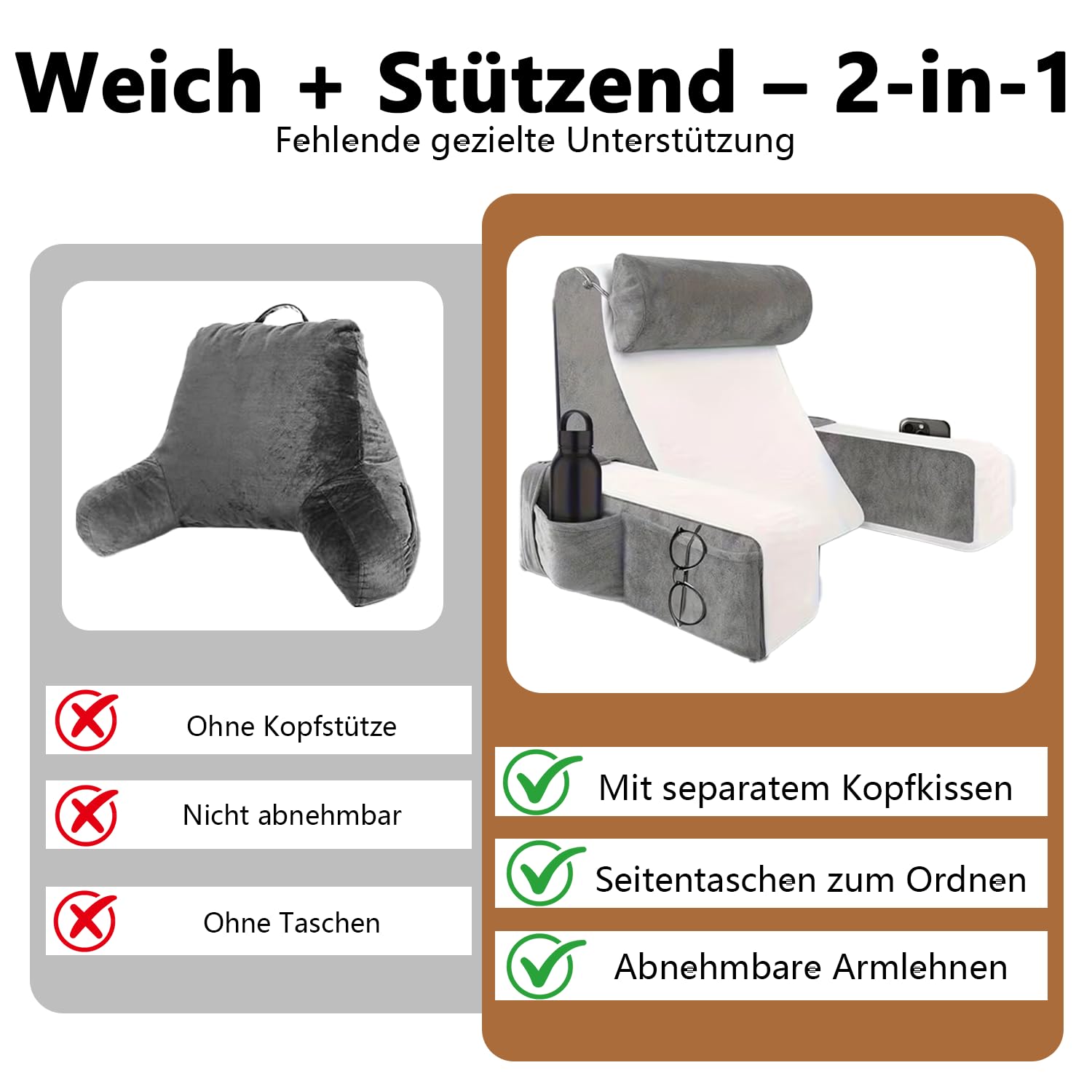 Cuscino da lettura con cuscino cervicale rimovibile e bracciolo, cuscino ergonomico extra alto con braccioli e tasche integrati, supporto per la schiena in schiuma frantumata per erigere a letto