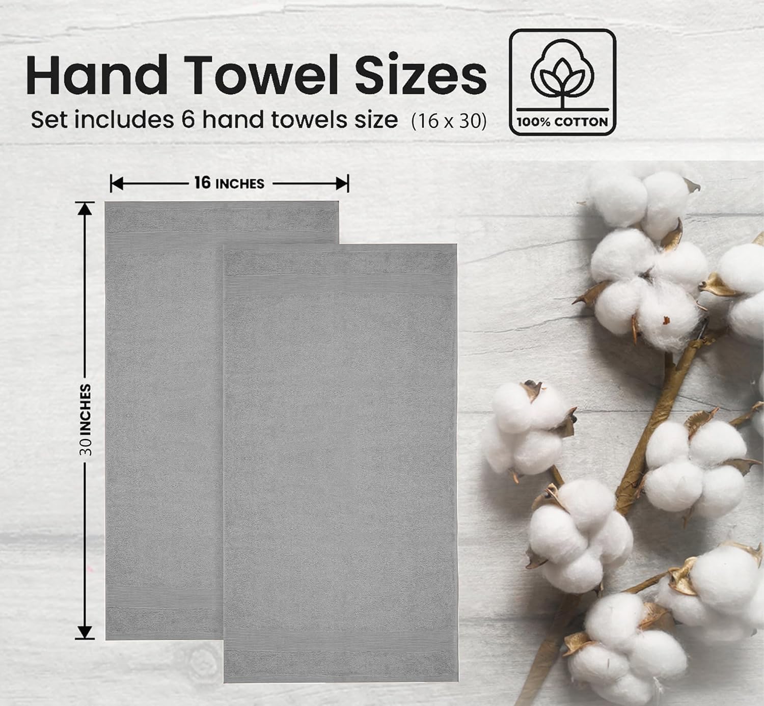 Premium Hand Towels Pack of 6 (16" x 30”) 100% Combed Ring Spun Cotton | Highly Absorbent Hand Towels Set | Ultra Soft for Home, Gym & Spa (Silver Grey) - Image 3