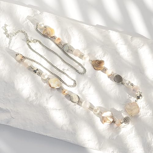 Miniatura 6 de FULU AUTUMN Collares largos de cuentas para mujer, collar de cadena de eslabones plateados con cuentas de cristal de concha, regalos de fiesta para