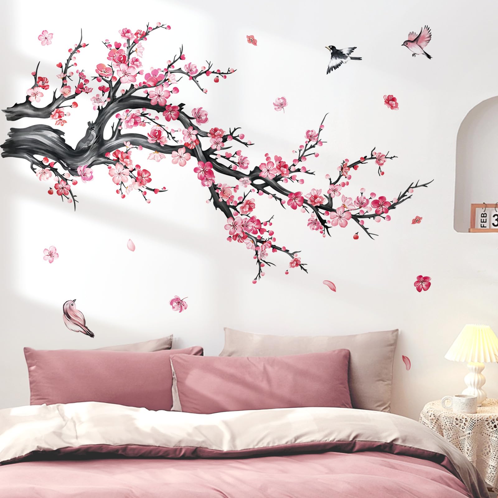 decalmile Pink Flower Branch Wall Decals Watercolor Blossom Floral Tree Branches Wall Stickers Living Room Bedroom Sofa TV Background Wall Decor - Image 3