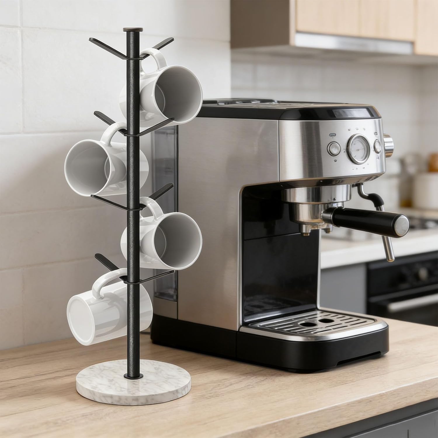 Gypie Marble Mug Holder Tree, 8 Hooks Coffee Cups Stand, New Upgraded Stable Mug Stand for Kitchen Counter Cabinet Cafe Black