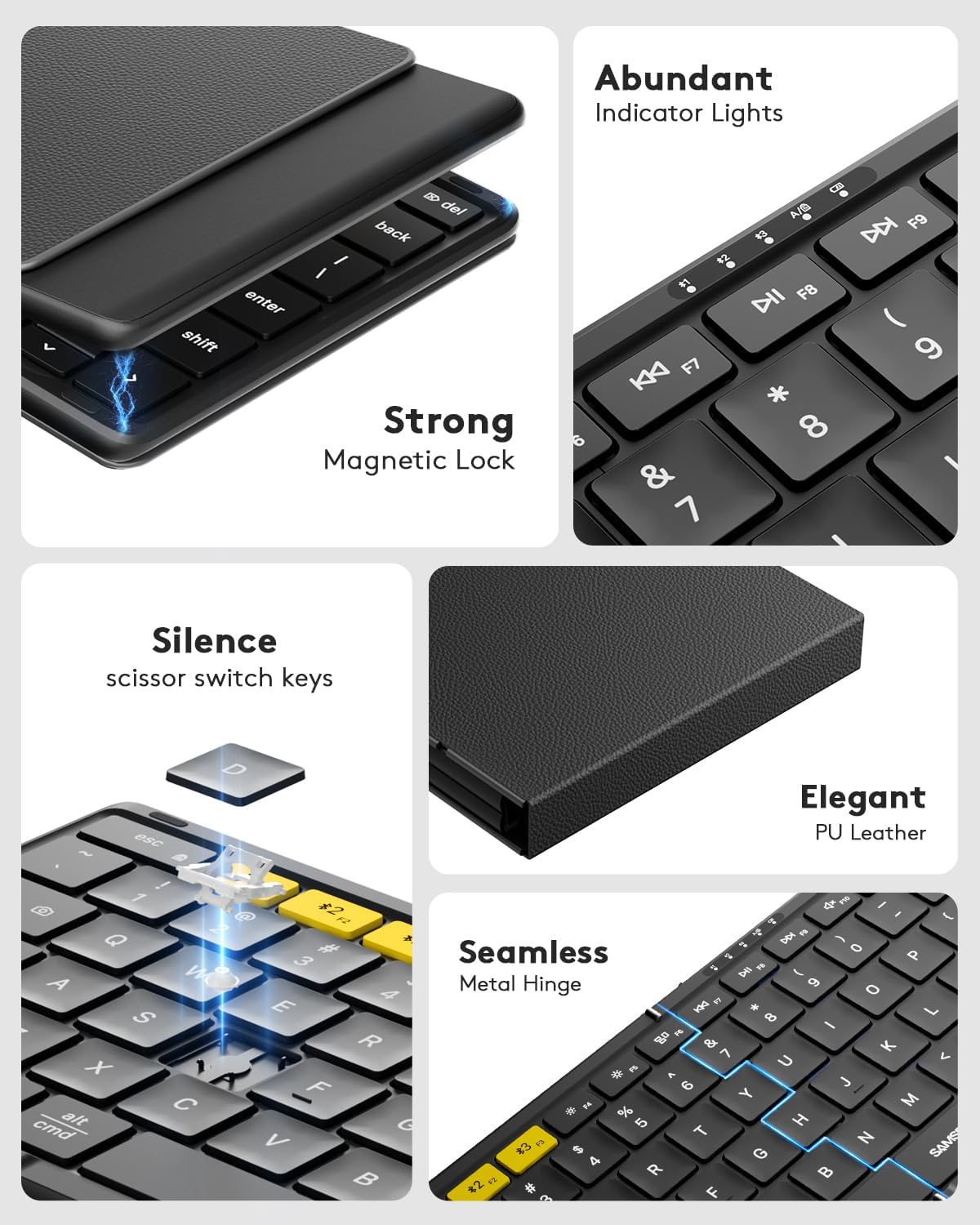 Samsers Full-Size Foldable Bluetooth Keyboard, KF08S Wireless Folding Keyboards with PU Leather Cover, Portable Travel for iPhone iPad Smartphone Tablet Laptop, Android Windows Mac OS, Black - Image 8