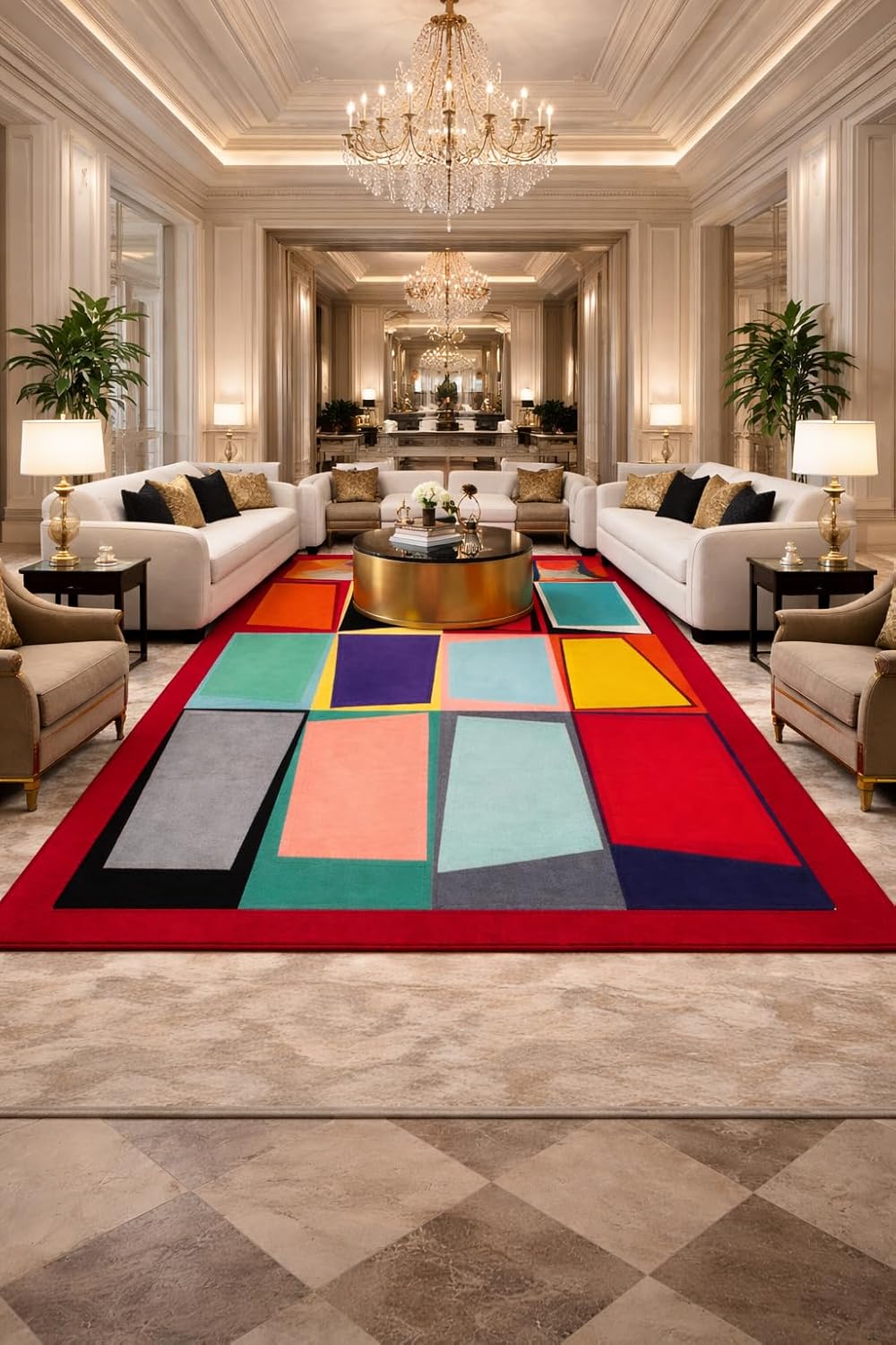 Modern Geometric Area Rug, Red Border with Multicolor Rectangles, Contemporary Abstract Design, Living Room Decor (8 * 10 feet)