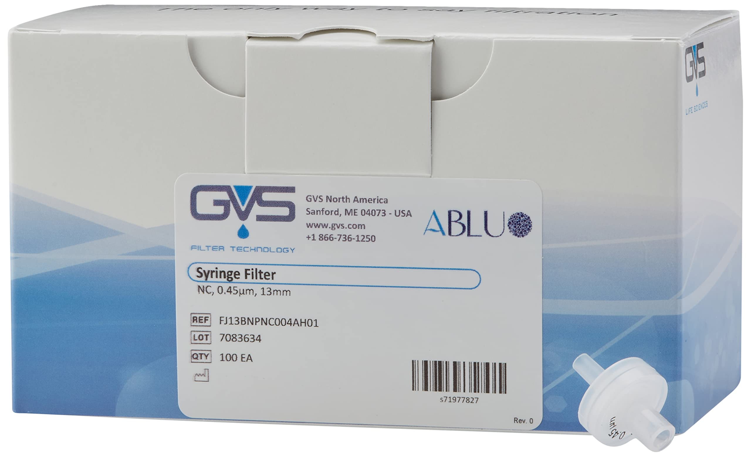 GVS Filter Technology, Filtro de jeringa, ABLUO, 13mm, Membrana NC, 0.45µm, alojamiento PP, 100/pc